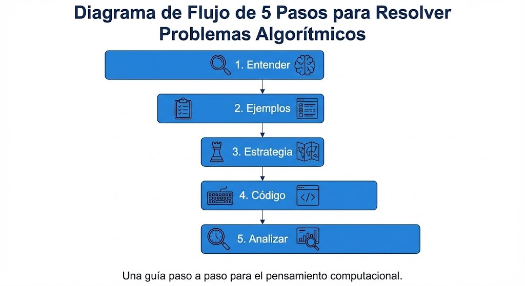 Diagrama de flujo de cinco pasos para resolver problemas algorítmicos: entender, ejemplos, estrategia, código y analizar
