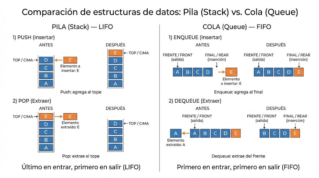 Diagrama comparativo de Pila (Stack, LIFO) y Cola (Queue, FIFO) mostrando cómo se insertan y extraen elementos